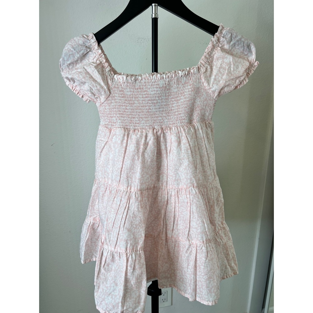 Joie Girls Pink White Floral Smocked Tiered Cotton Puff Sleeve Dress Size 5